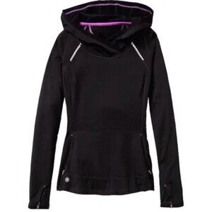 Athleta Plushtec Wrap Front Hoodie in Black with Pink Details